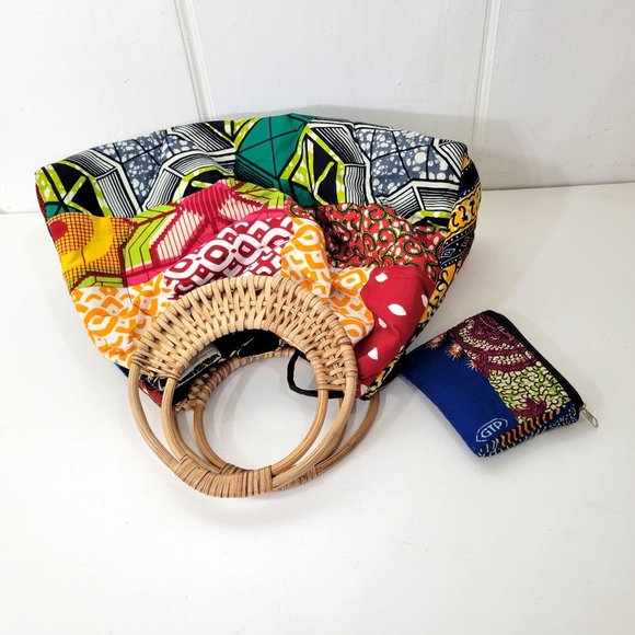 Ankara Boho Multicolored Purse with Rattan Handles - Picture 2 of 7